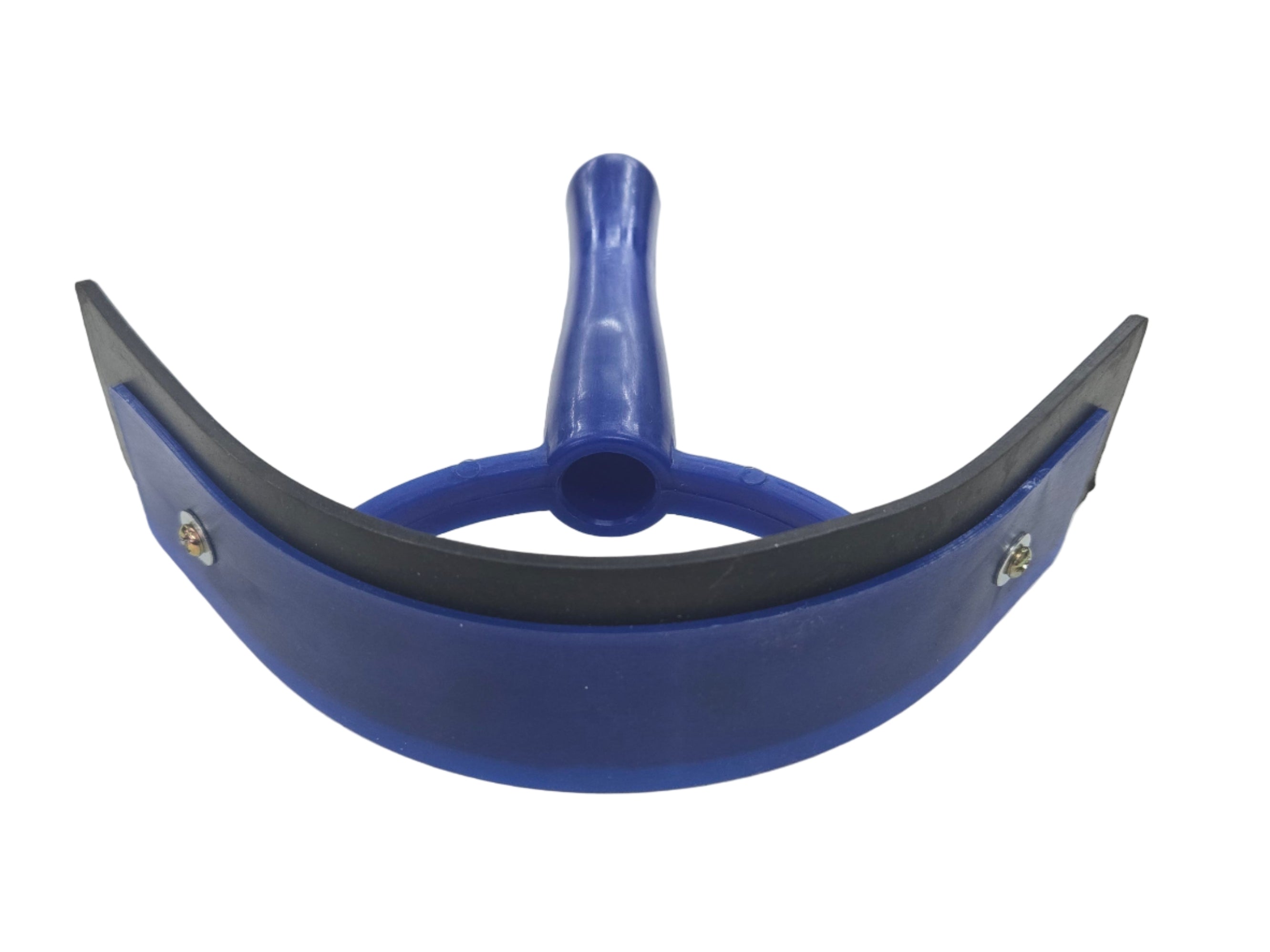 Blue and black plastic tool on a white surface with a blurred background